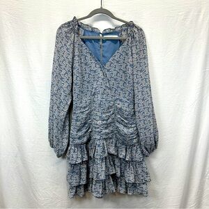 ASTR the Label Long Sleeved Blue Floral Ruched Skirt Dress Size M